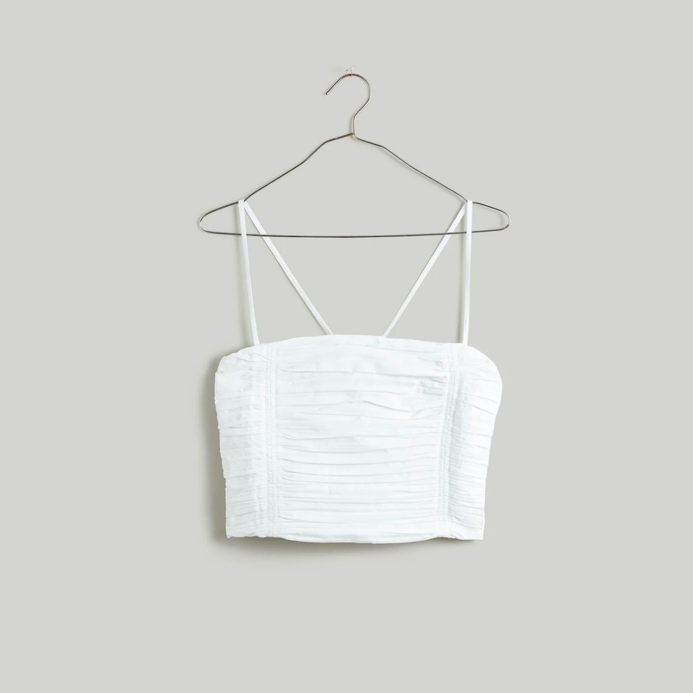 NEW Madewell Poplin Crop Tube Top White Pleated Crossed X Smocked Back Womens 14